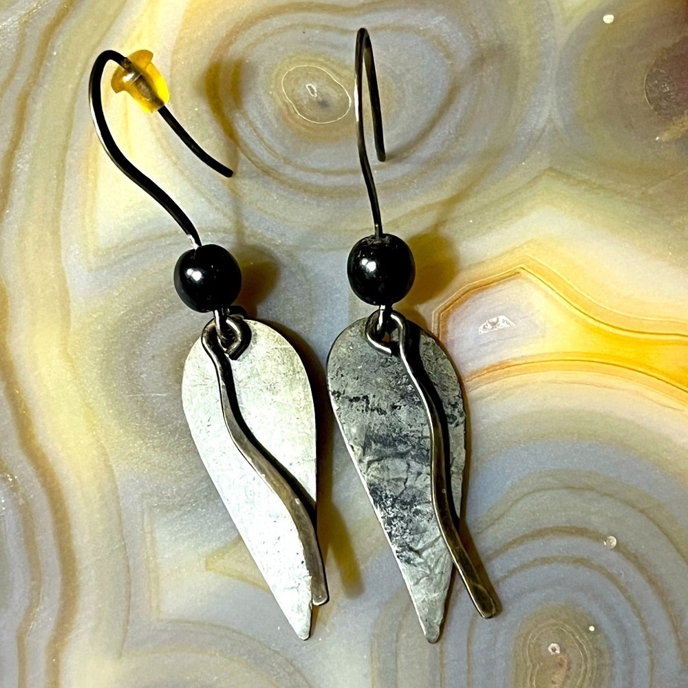 Silver Metal Black Glass Beaded Teardrop Dangle Earrings